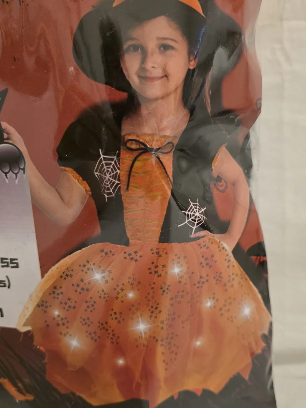 NEW Poshetion Witch Costume Cosplay LightUp Orange Dress Girls L 10/12 Broom Hat